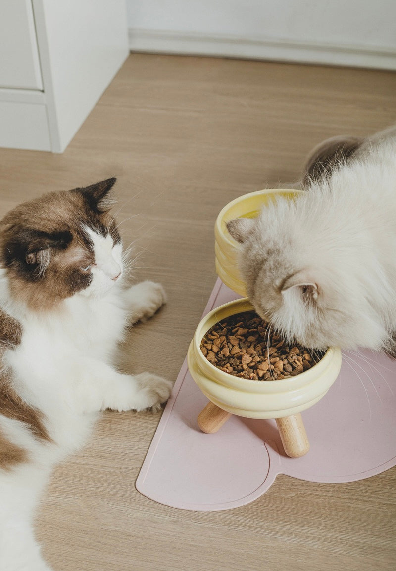 HoMings Pet separated Ceramic Twin Bowls with wooden stand for Cat/Dog - Yellow