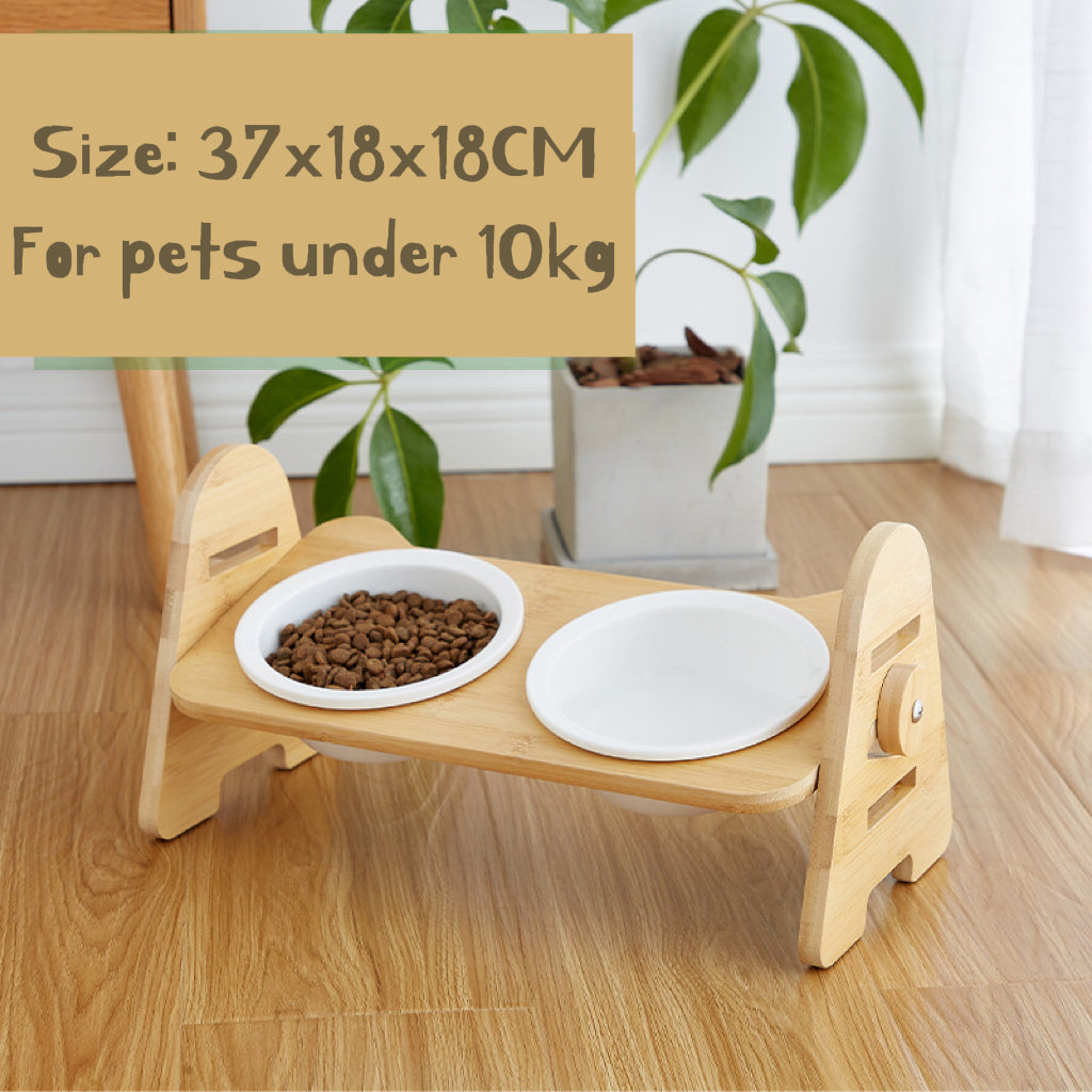 HoMings Pet Adjustable bamboo rack with twin ceramic bowls