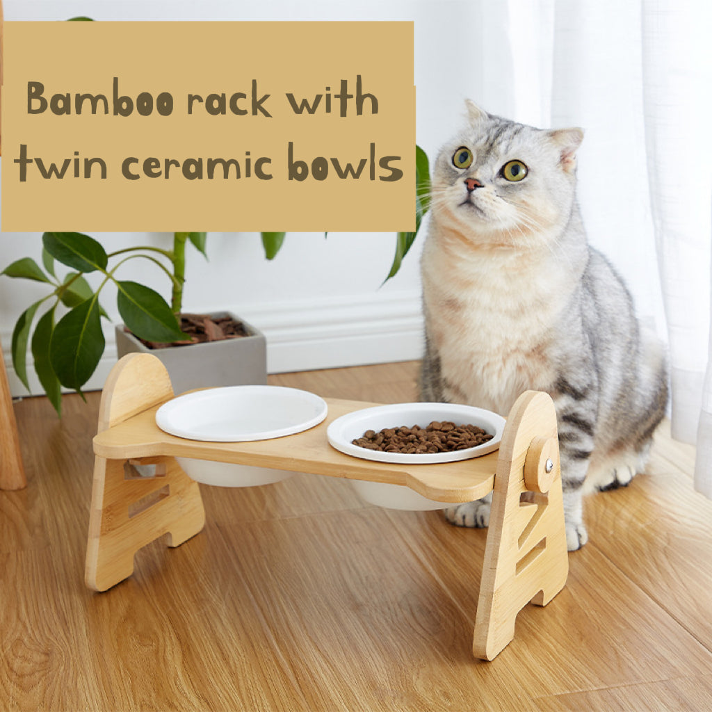 HoMings Pet Adjustable bamboo rack with twin ceramic bowls